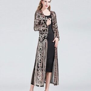 Black Sheer Embroidered Long Duster with Rose Gold Accents